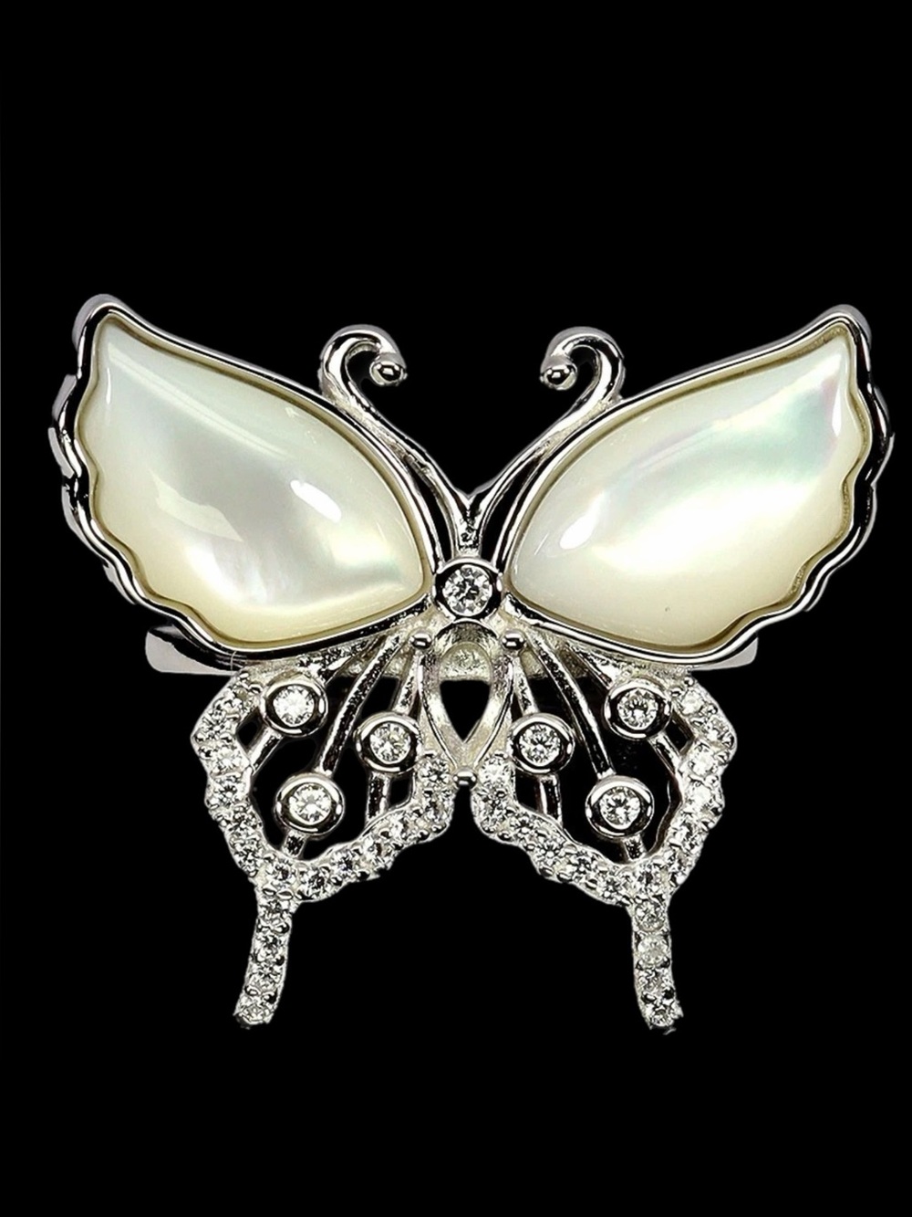 Exquisite White Mother-of-Pearl Butterfly Ring with CZ Accents